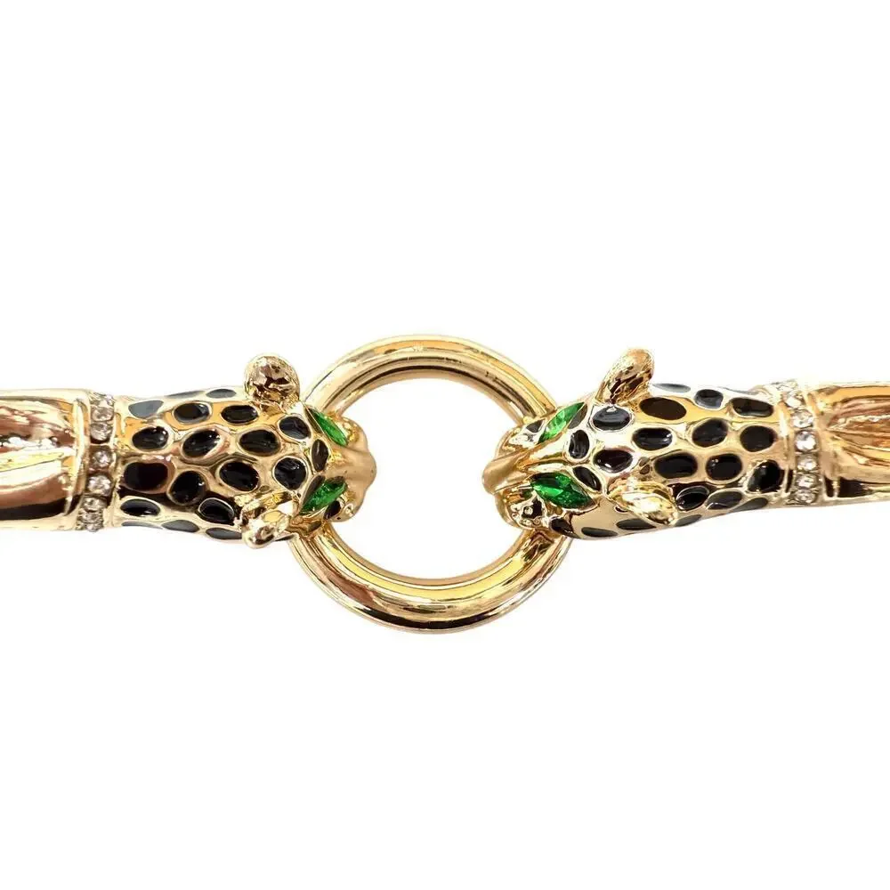 NEW Vintage St Thomas Gold Tone Green Eyes Double Leopard Head Toggle Bracelet